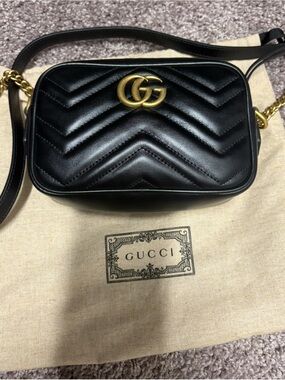 Gucci Black Chevron Quilted Leather Crossbody with Gold GG